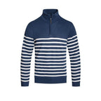 Navy white stripe pullover for men with a quarter zip and comfortable fit by VacationGrabs