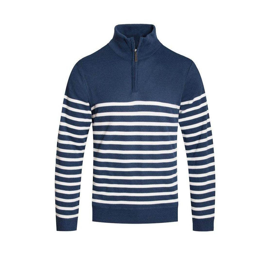 Navy white stripe pullover for men with a quarter zip and comfortable fit by VacationGrabs