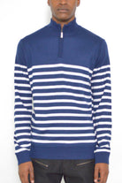 Men's navy white stripe pullover sweater with a half-zip collar for a stylish look