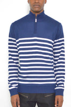 Men's navy white stripe pullover sweater with a half-zip collar for a stylish look