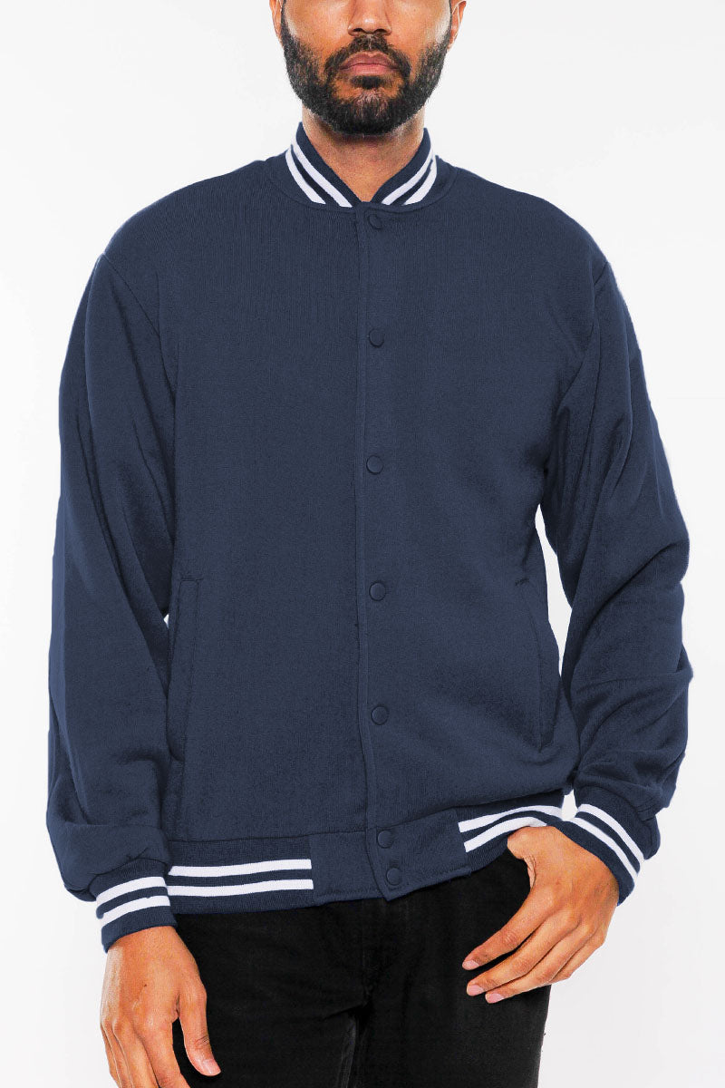 Fleece Varsity Jacket – Snap Button, Ribbed Trim