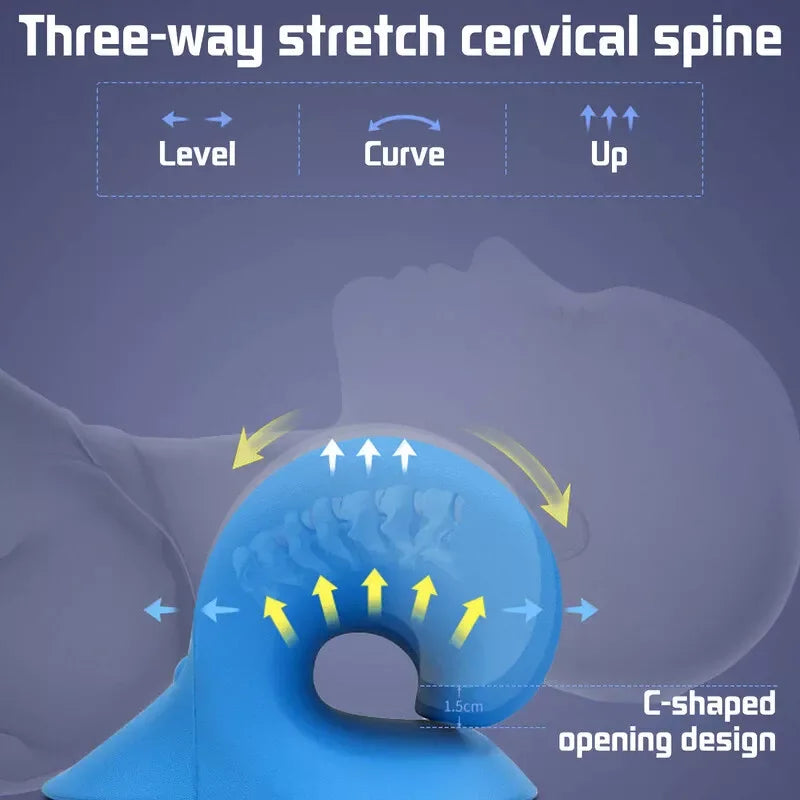 C-shaped neck and shoulder relaxer for three-way stretch and spinal support