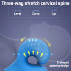C-shaped neck and shoulder relaxer for three-way stretch and spinal support