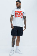 Men's never lose focus t-shirt by VacationGrabs in white with bold red and black graphic print