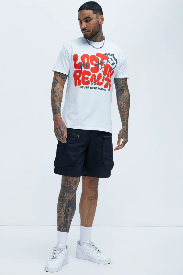 Men's never lose focus t-shirt by VacationGrabs in white with bold red and black graphic print