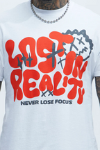 VacationGrabs men's never lose focus t-shirt with bold red graphic and motivational text on white fabric