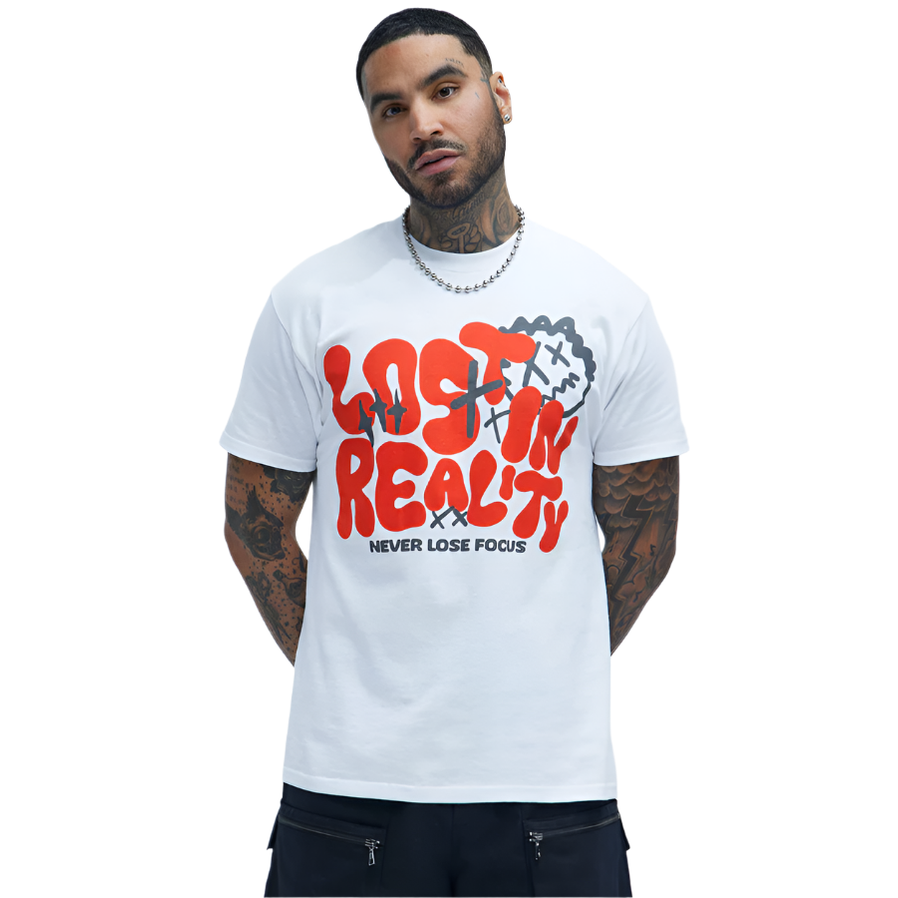 VacationGrabs men's white never lose focus t-shirt with bold red lost in reality graphic print