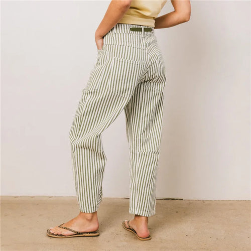 Women's striped new denim pants in light green for casual wear