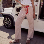 Women's striped new denim pants with red tie waist for casual wear