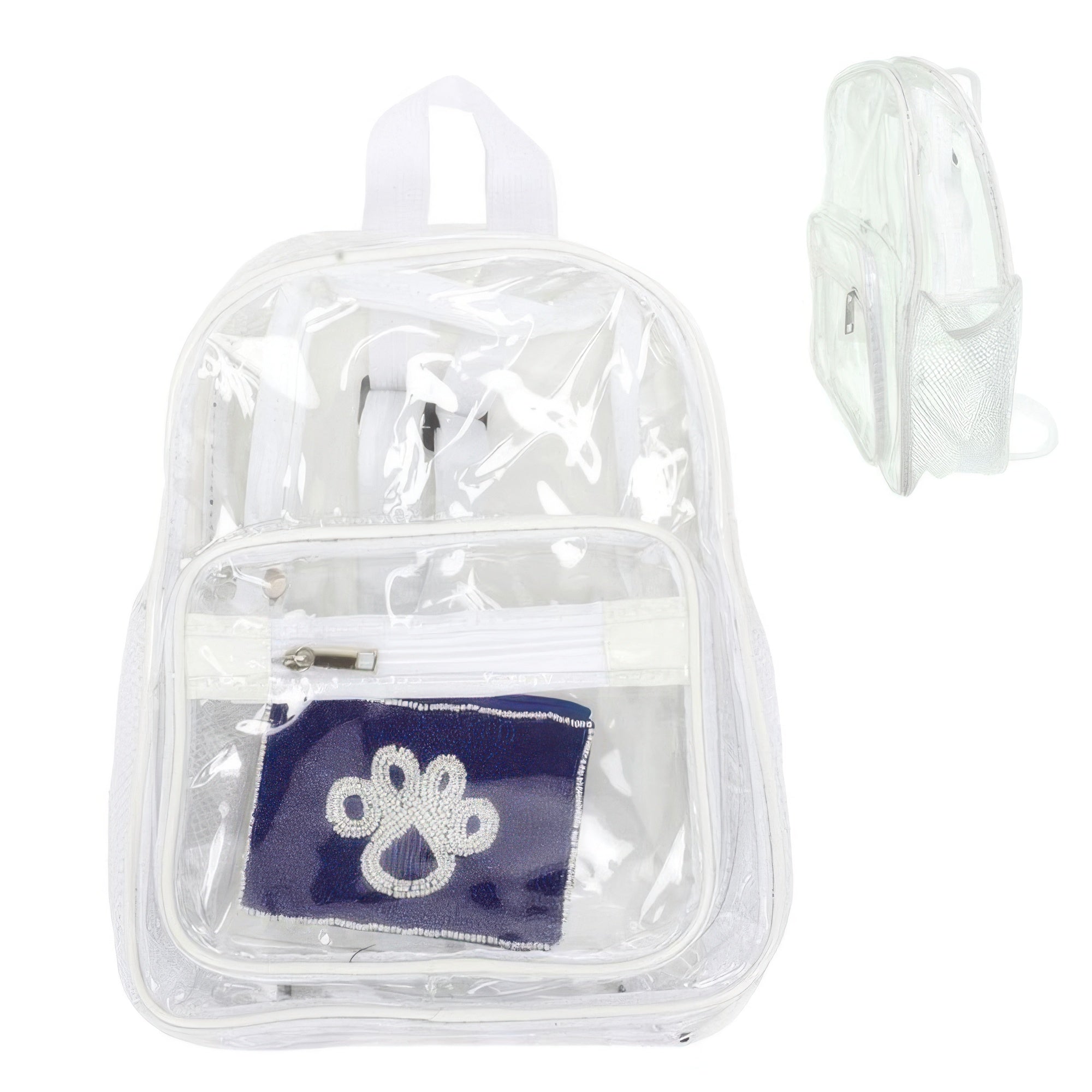Clear backpack designed for NFL event clear bag policy with a front zip pocket and stylish paw print