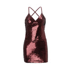 Women's burgundy sequin dress for night out lace trim dresses