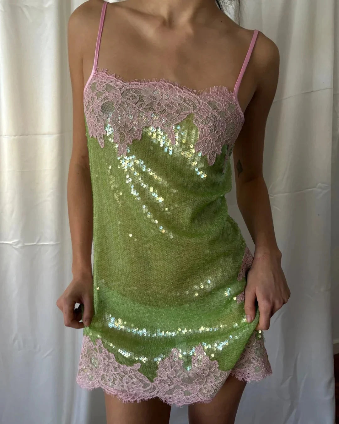 Women's night out lace trim dresses in green with pink lace detailing