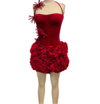 Red nightclub bandage dress for women with floral ruffle details and unique shoulder design