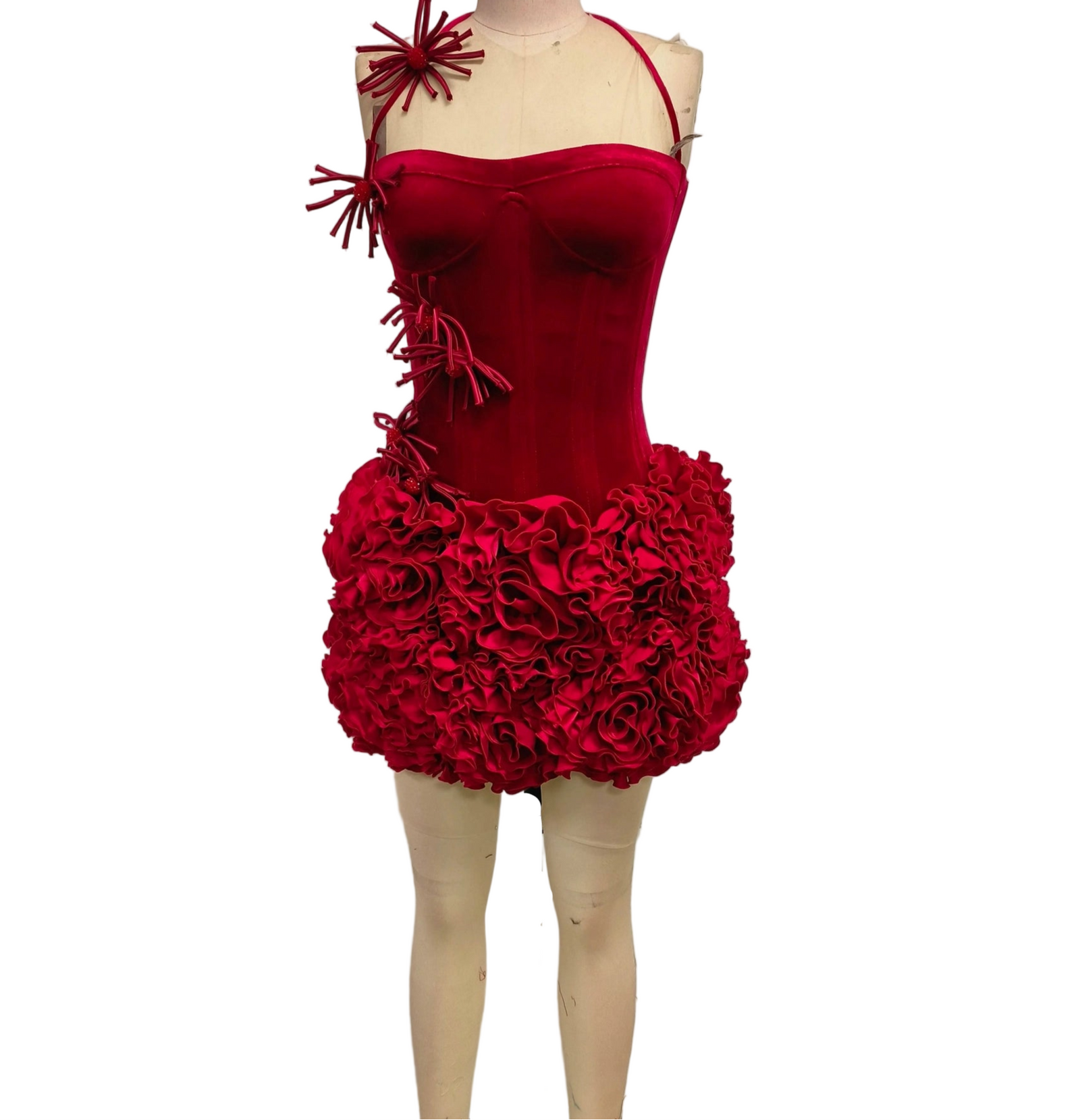 Red nightclub bandage dress for women with floral ruffle details and unique shoulder design