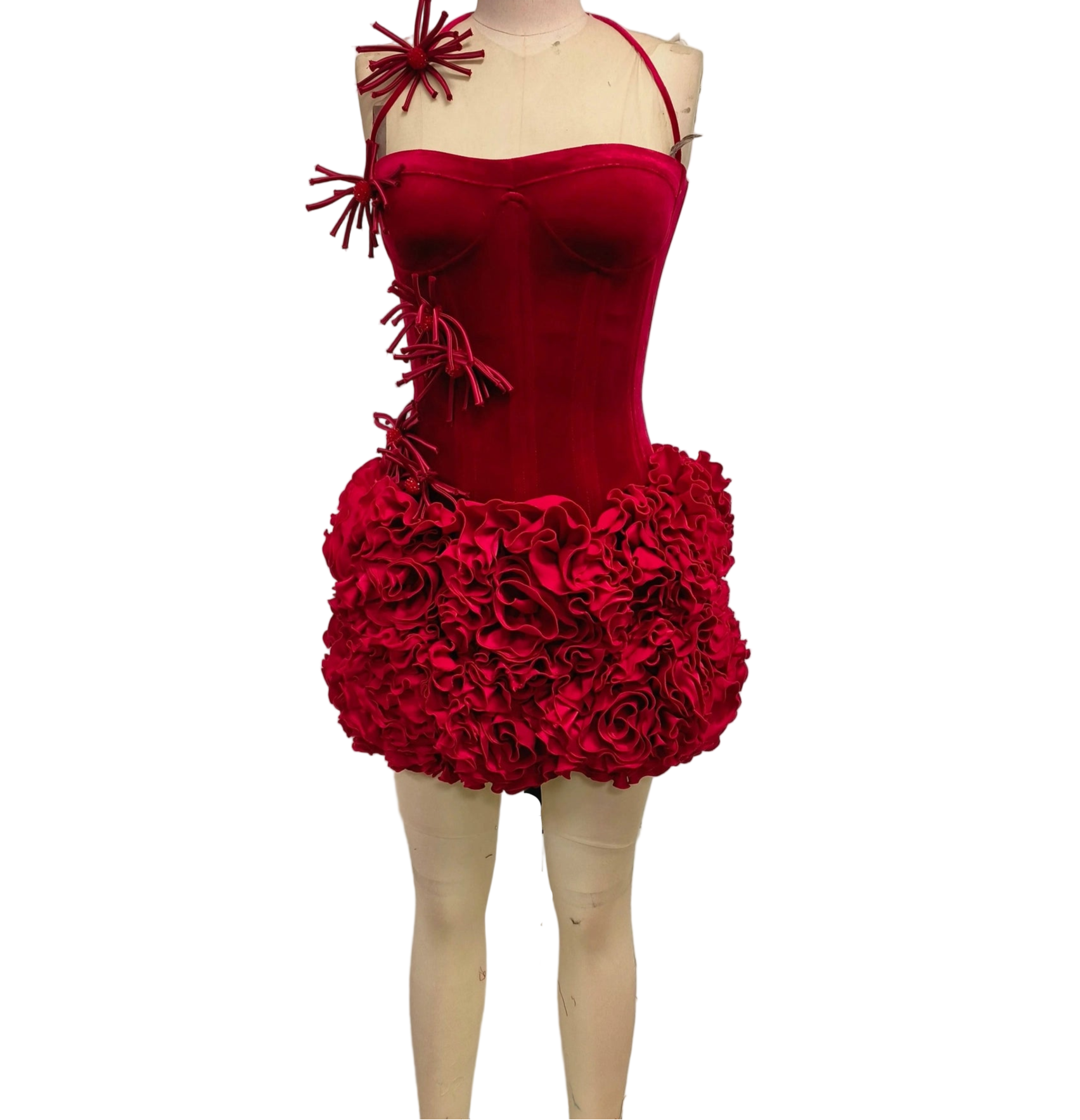 Red nightclub bandage dress for women with floral ruffle details and unique shoulder design