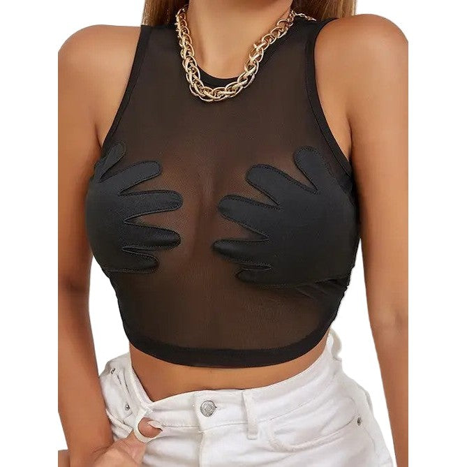 Miss Sparkling black mesh see through crop top going out with hand applique patches and gold chain necklace