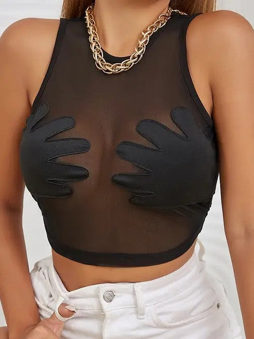 Miss Sparkling black mesh see through crop top going out with hand applique patches and gold chain necklace