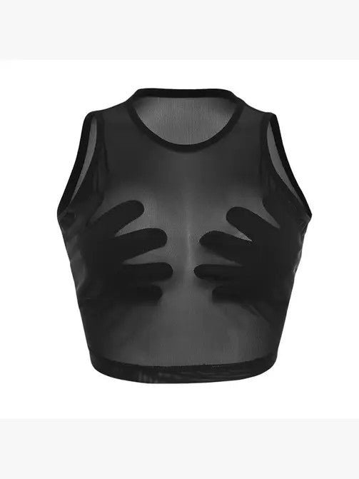 Miss Sparkling black sheer mesh tank with handprint detail see through crop top going out