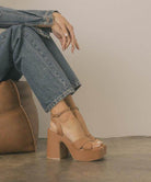 Oasis Society Norah chunky platform heels in tan, featuring a stylish ankle strap and thick platform