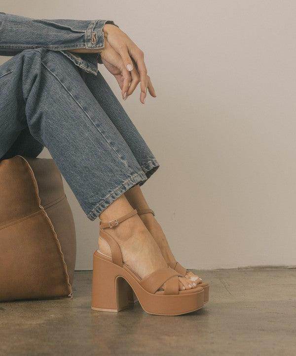 Oasis Society Norah chunky platform heels in tan, featuring a stylish ankle strap and thick platform
