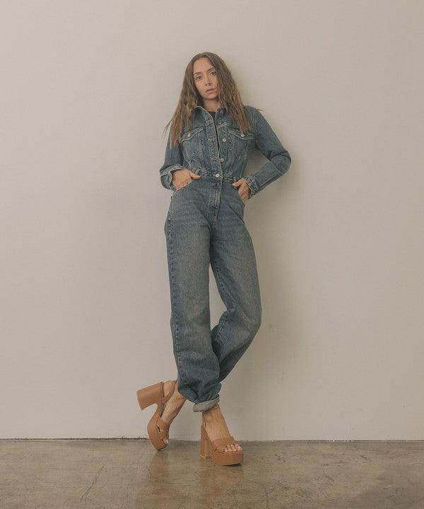 Oasis Society Norah chunky platform heels styled with denim jumpsuit for a trendy look