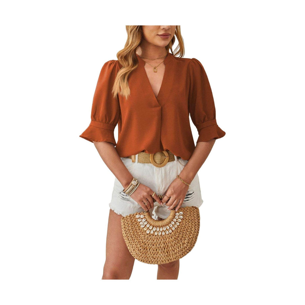 Notched Half Sleeve Blouse - VacationGrabs