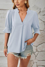 Notched Half Sleeve Blouse - VacationGrabs