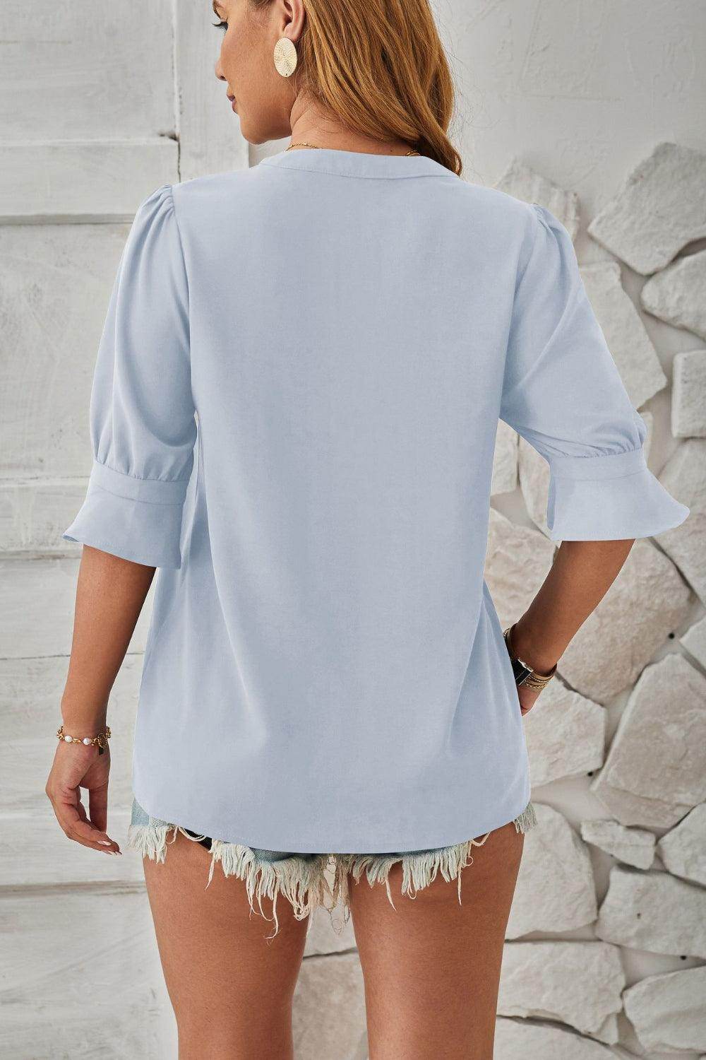 Notched Half Sleeve Blouse - VacationGrabs