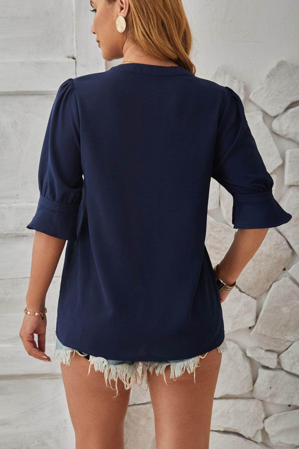 Notched Half Sleeve Blouse - VacationGrabs