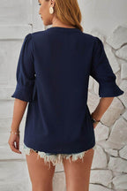 Notched Half Sleeve Blouse - VacationGrabs