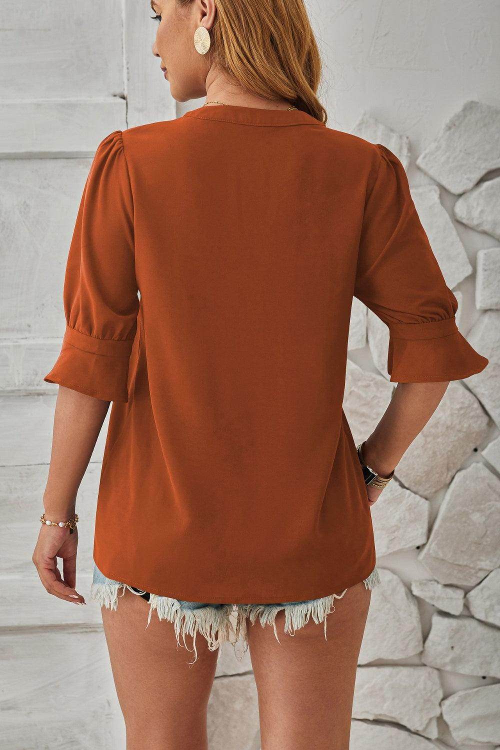 Notched Half Sleeve Blouse - VacationGrabs