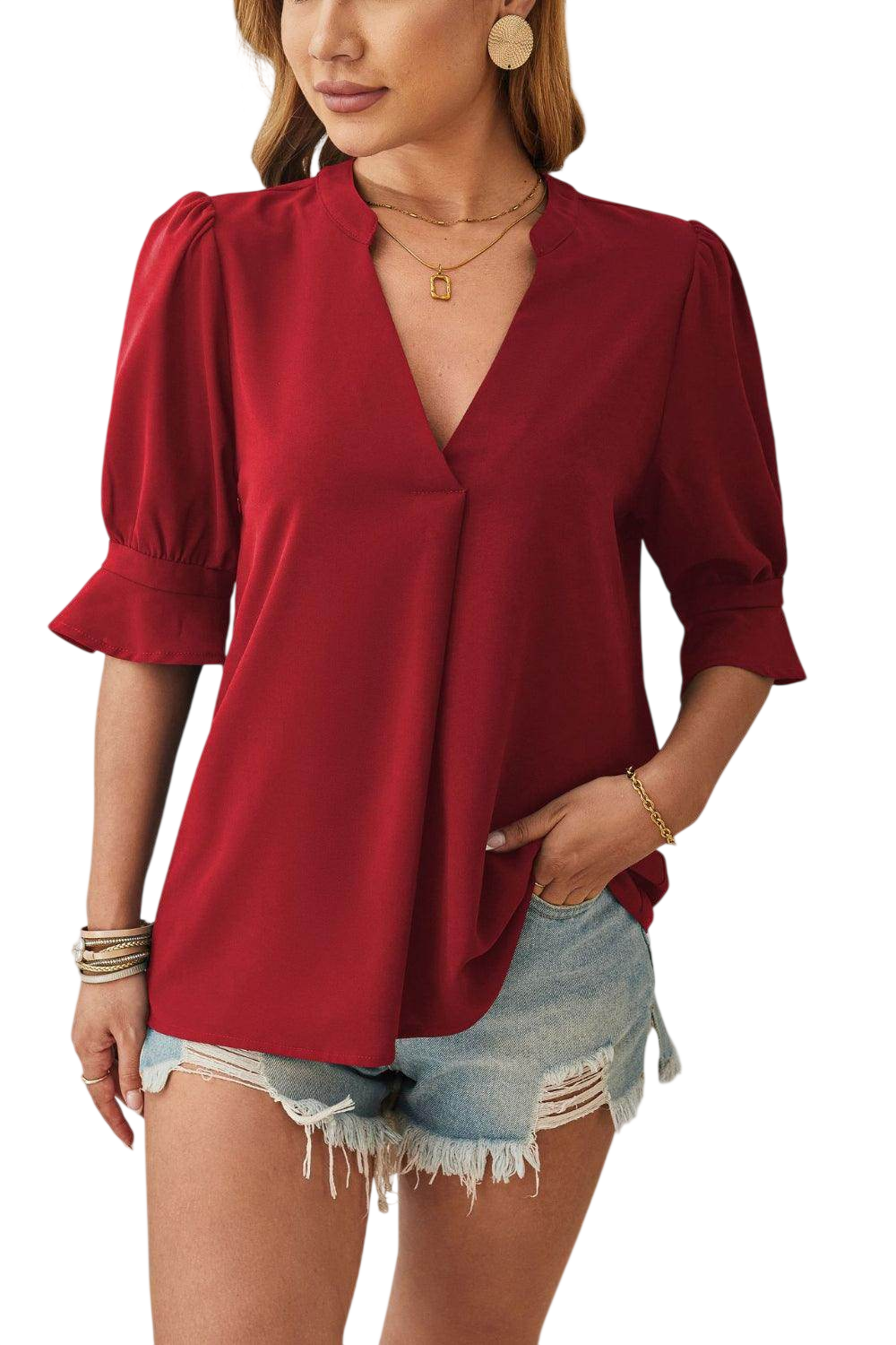 Notched Half Sleeve Blouse