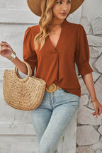 Notched Half Sleeve Blouse - VacationGrabs