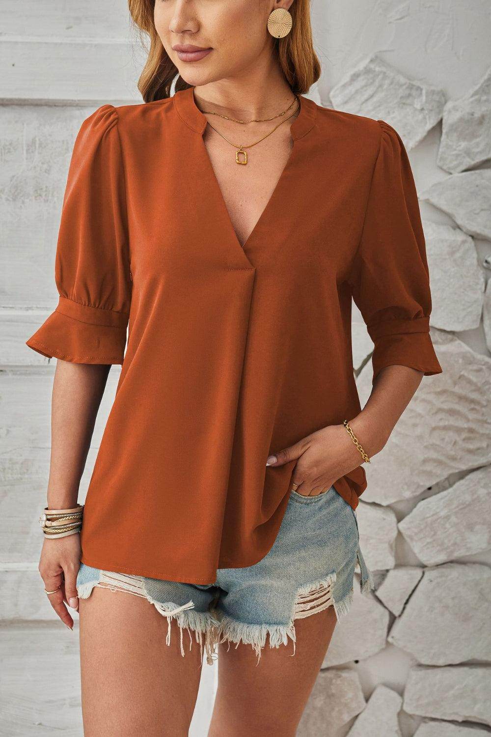 Notched Half Sleeve Blouse - VacationGrabs