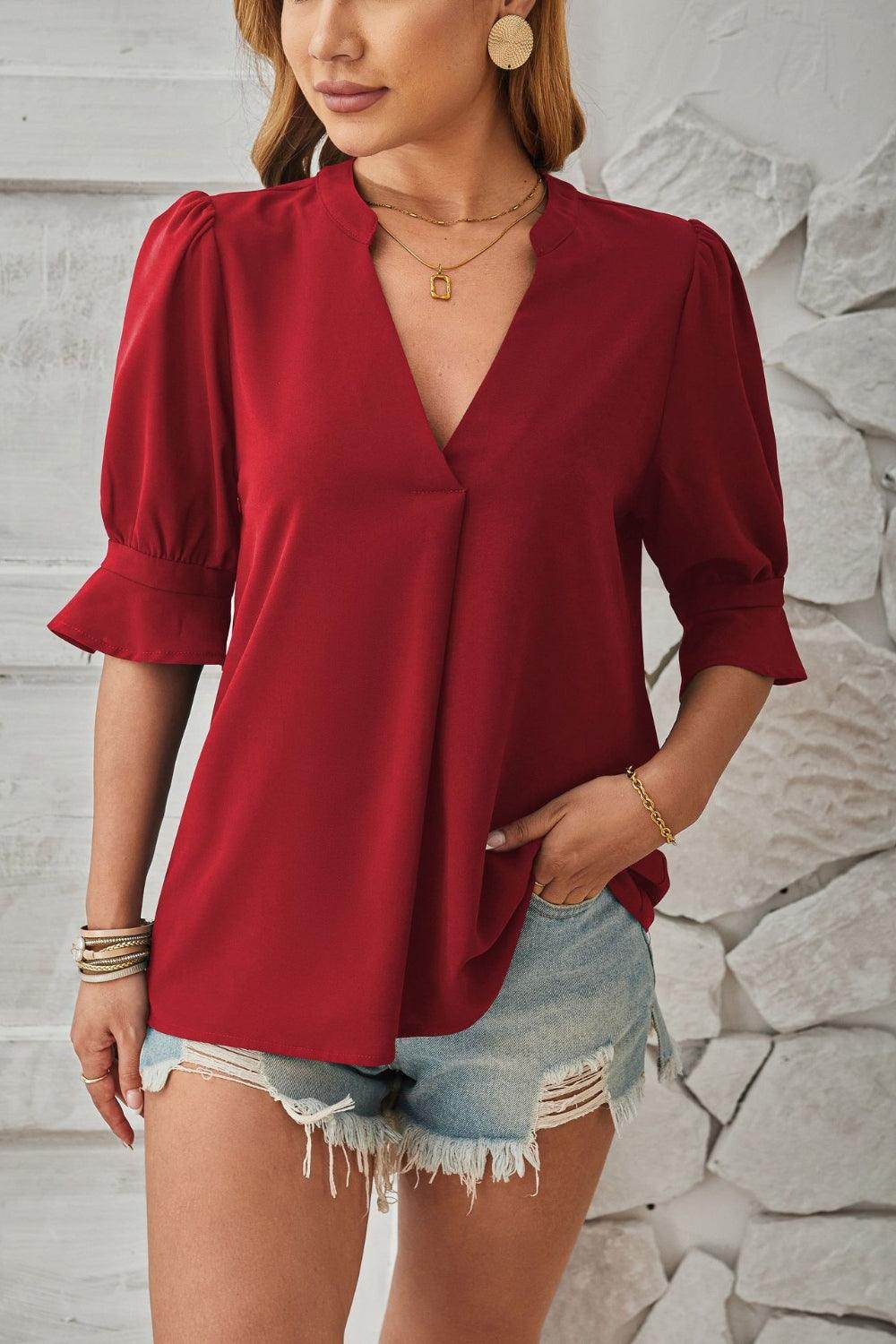 Notched Half Sleeve Blouse - VacationGrabs