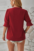 Notched Half Sleeve Blouse - VacationGrabs