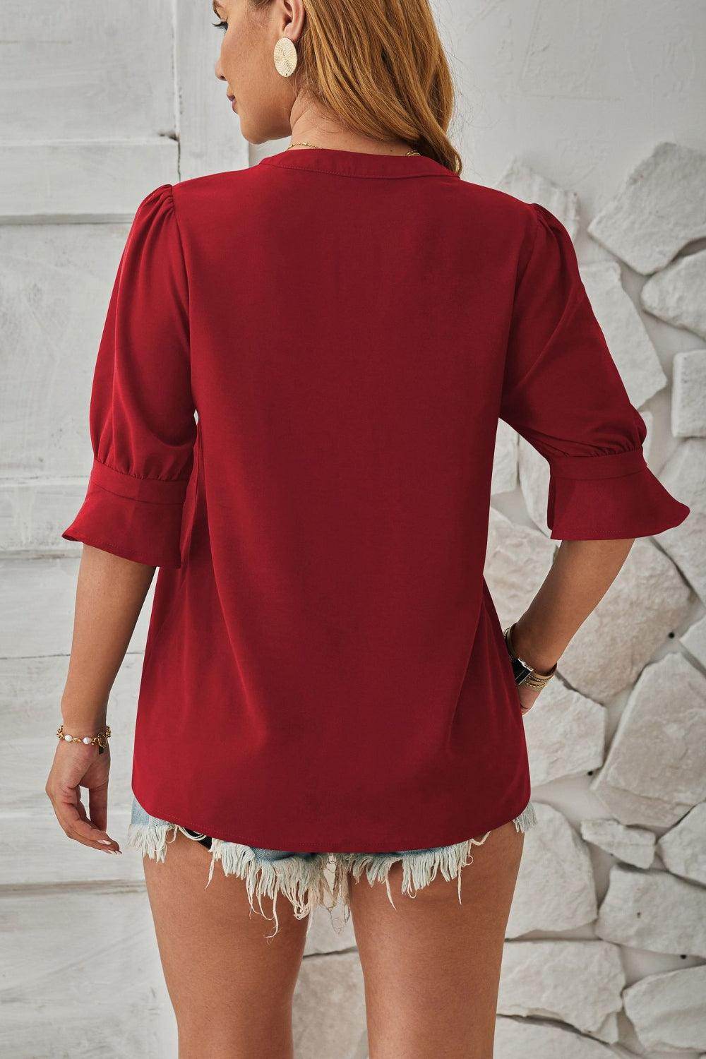 Notched Half Sleeve Blouse - VacationGrabs