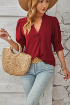 Notched Half Sleeve Blouse - VacationGrabs