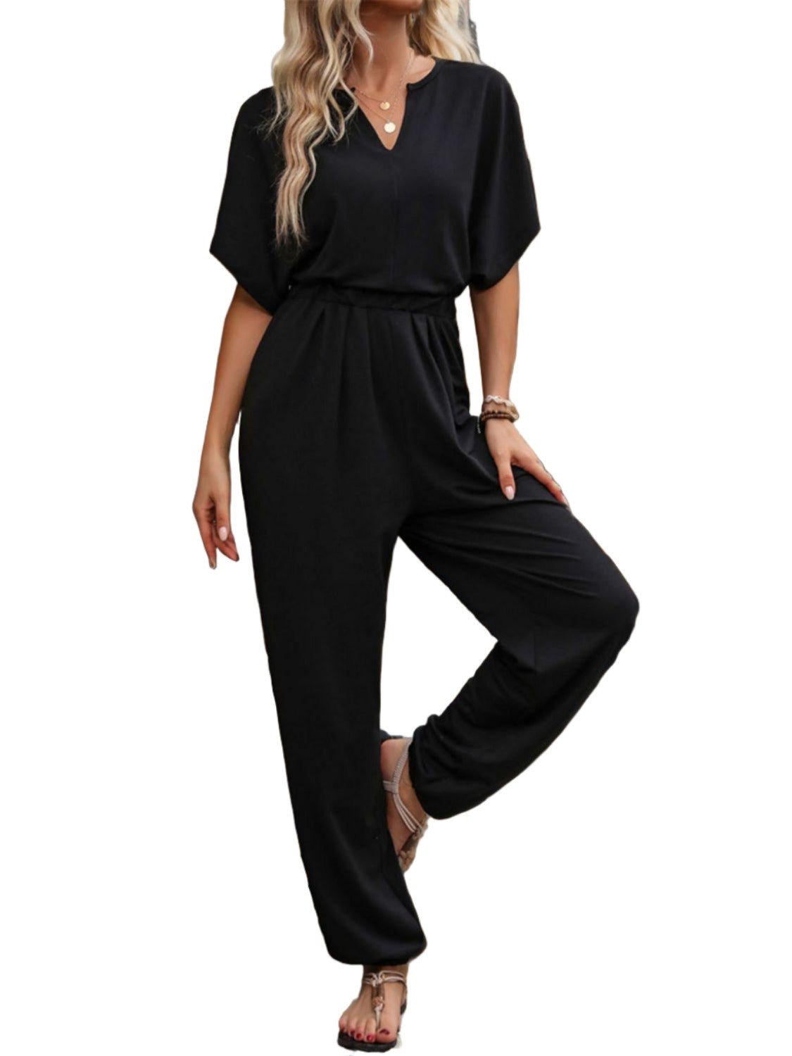 Women's Jumpsuits & Rompers Notched Half Sleeve Straight Jumpsuit