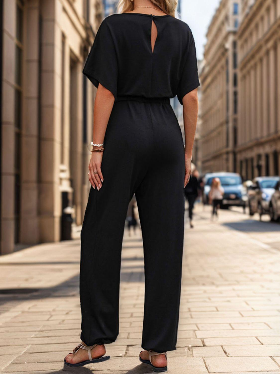 Women's Jumpsuits & Rompers Notched Half Sleeve Straight Jumpsuit