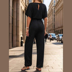 Notched Half Sleeve Straight Jumpsuit - VacationGrabs