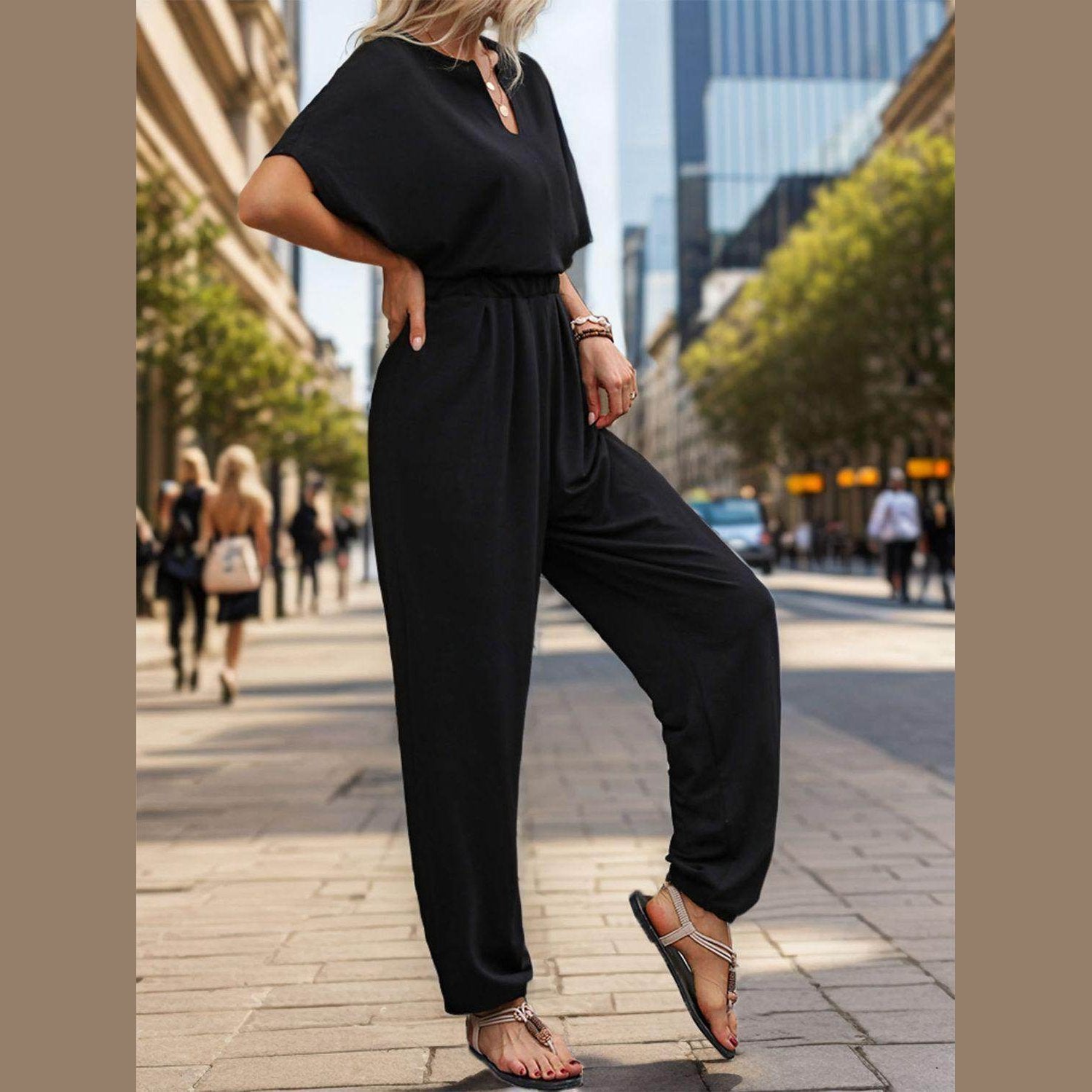 Notched Half Sleeve Straight Jumpsuit - VacationGrabs