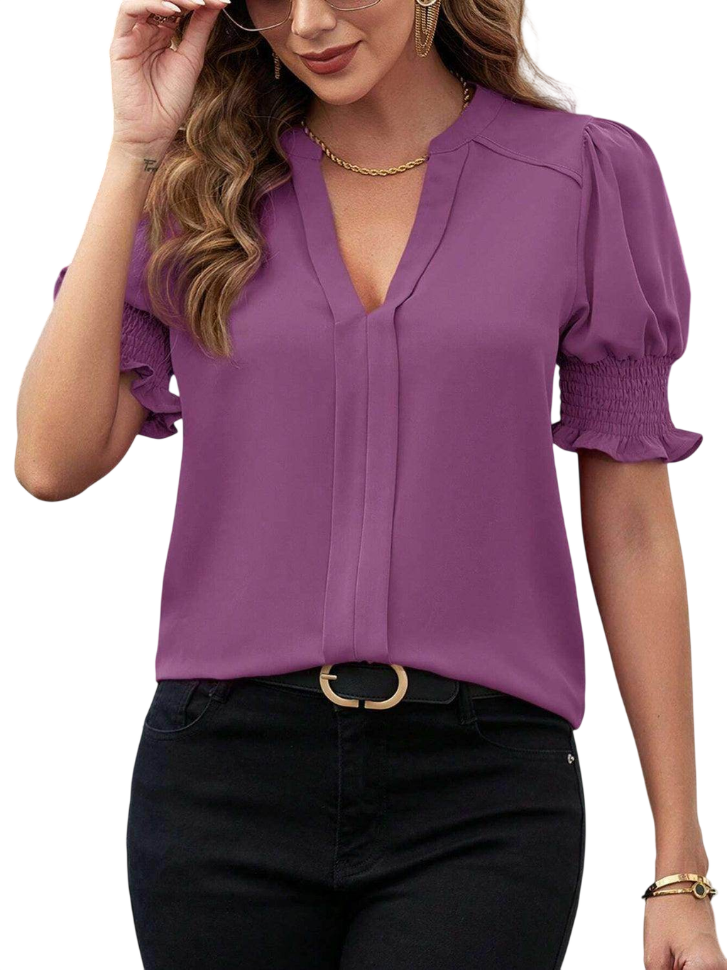Notched Short Sleeve Blouse