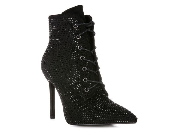 Rag Company nude sparkly lace up booties with high heels and a pointed toe design