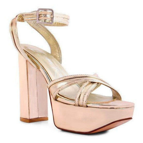 Elegant Rag Company Nyle heeled sandals in rose gold with chunky platform and ankle strap