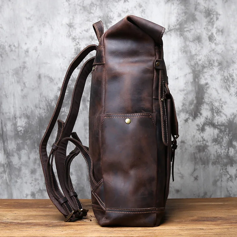 Brown leather backpack with quality leather protection for travel