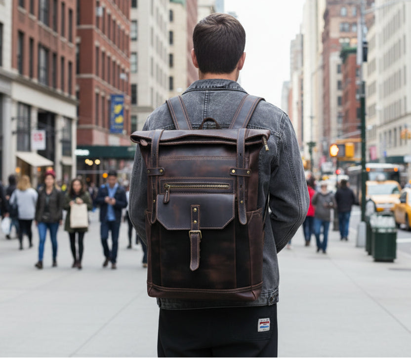 Brown leather backpack with roll-top design for quality leather protection