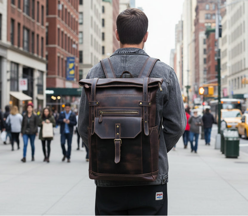 Brown leather backpack with roll-top design for quality leather protection