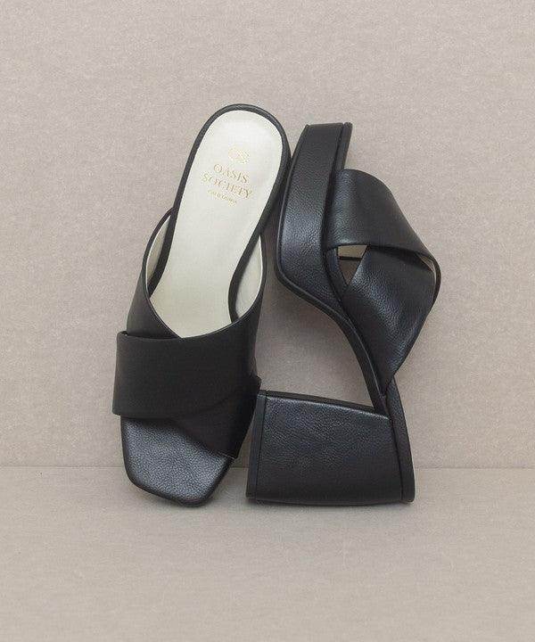 Oasis Society Black Platform Mule Sandals with Stylish Cross Straps for Women