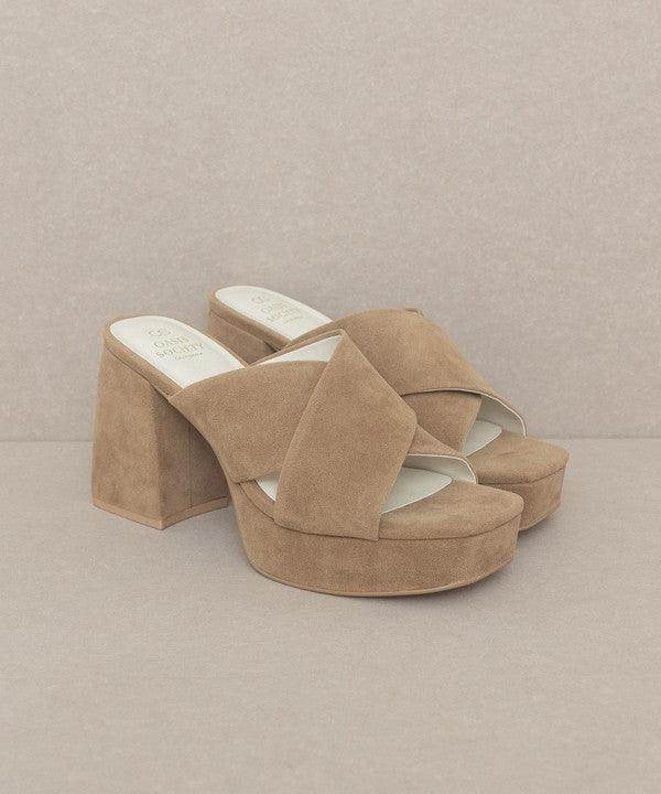 Oasis Society platform mule sandals in taupe with crossed straps and chunky heel for stylish comfort